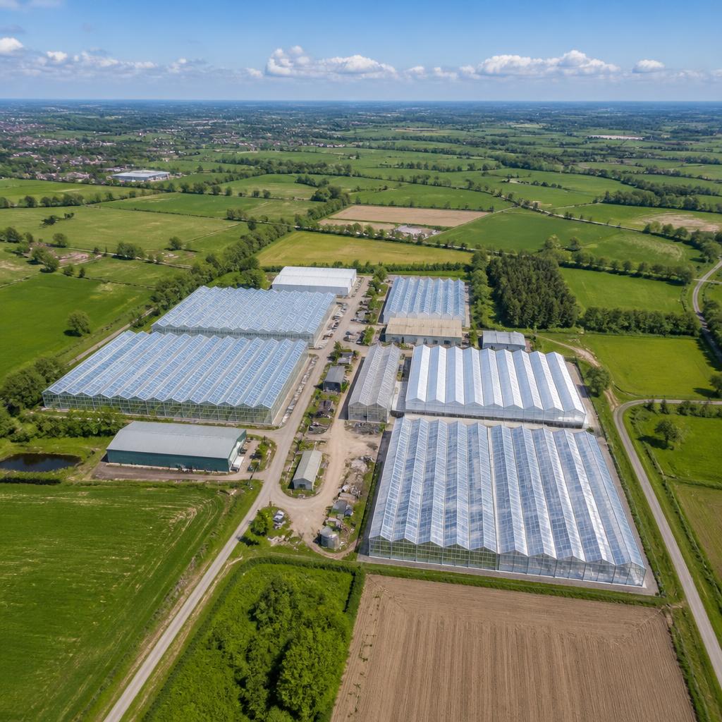 Aerial view of clustered greenhouses on a sunny day